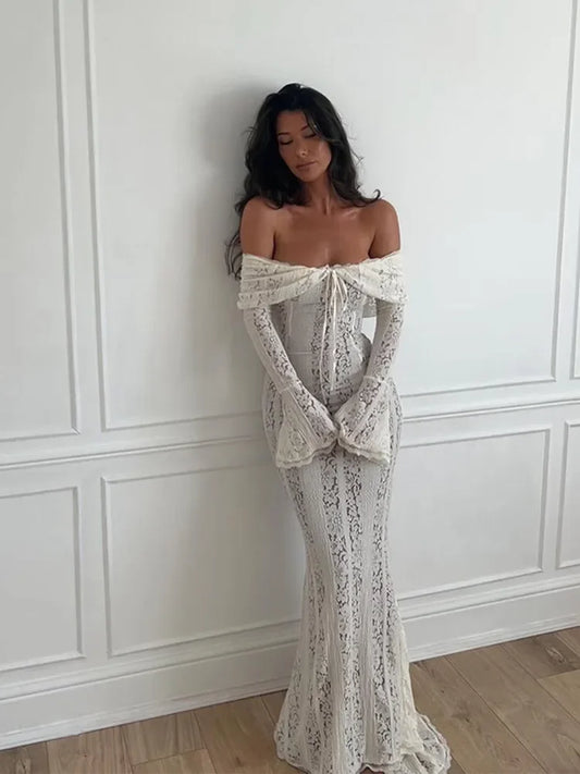 Hollow Out Lace Backless Slim Long Dress Women Strapless Lace up off Shoulder Dresses Chic 2025 New Sexy Female Party Club Robes